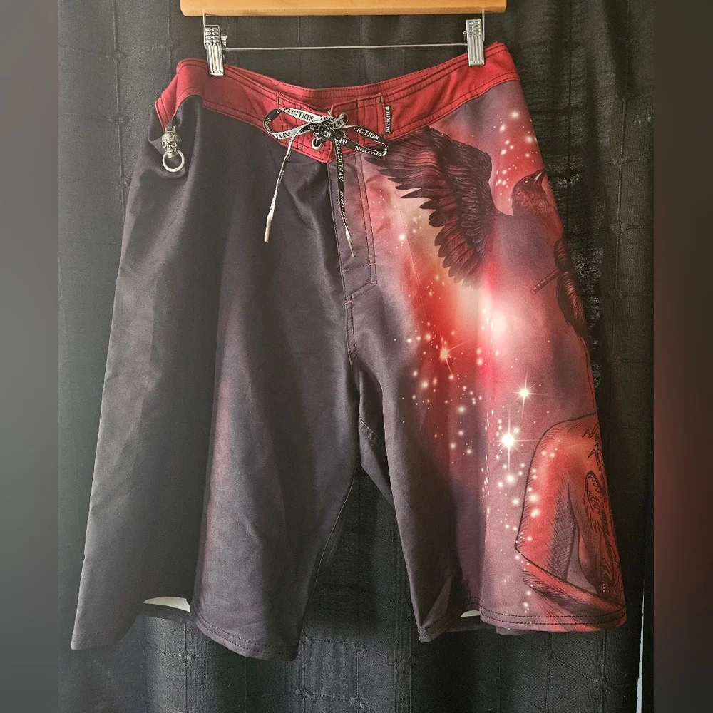 Affliction Board Shorts Men’s 42 Red Black Crow Dragon Graphic Swim Trunks
